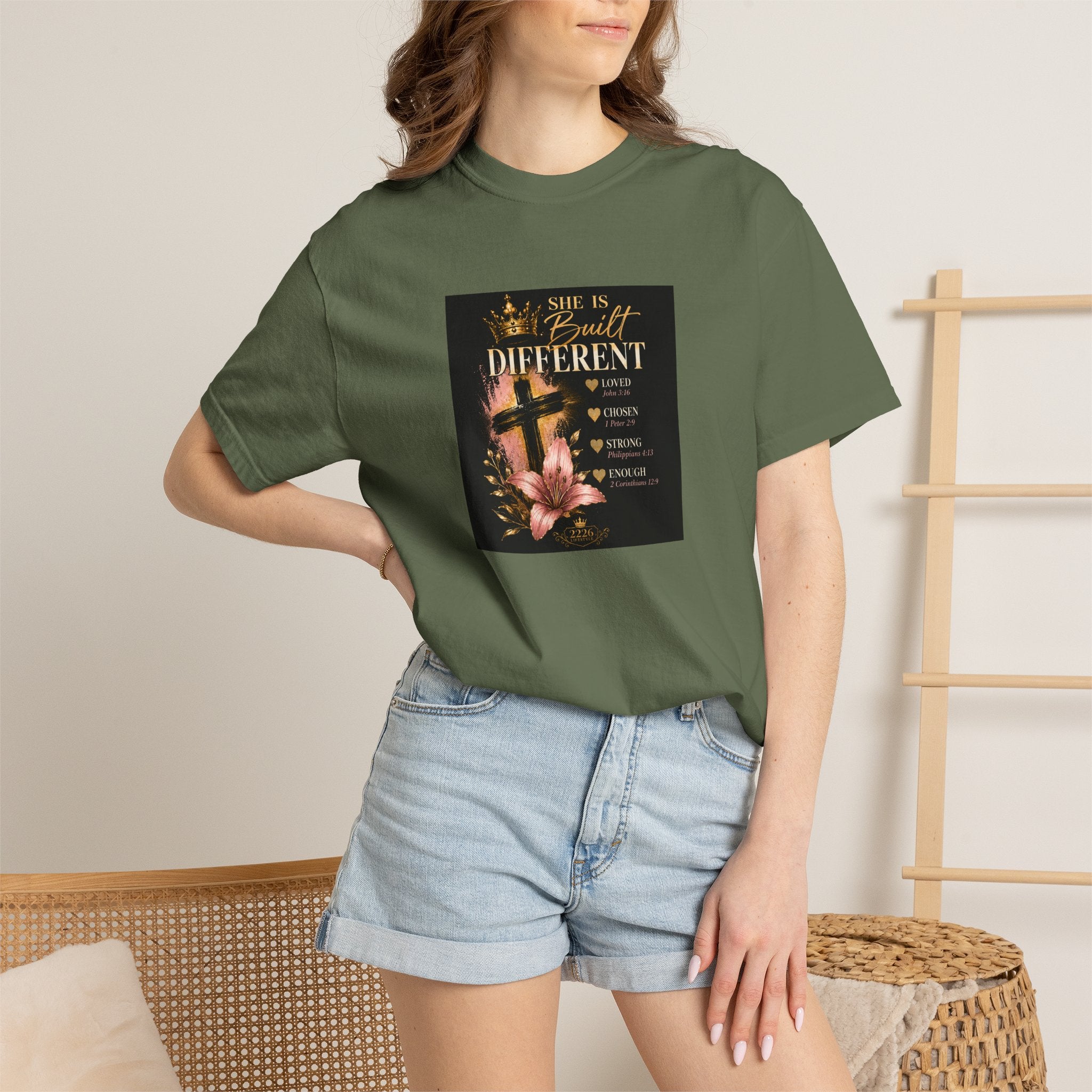2226 Lifestyle T-Shirt — "She Is Built Different" Cross Floral Christian Tee