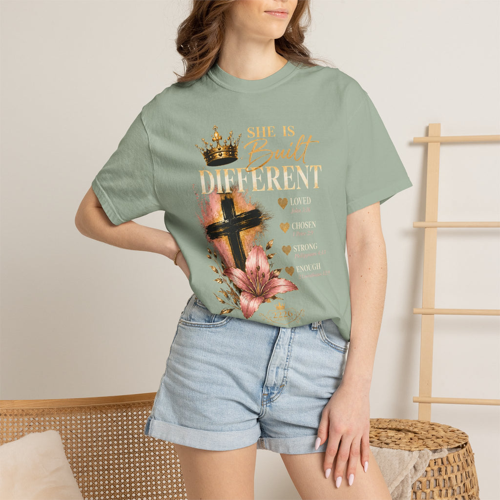 She Is Built Different Christian T-Shirt — Cross, Crown & Lily Faith Tee