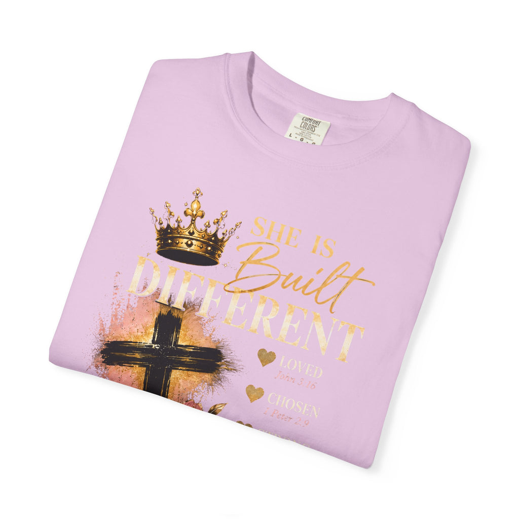 She Is Built Different Christian T-Shirt — Cross, Crown & Lily Faith Tee