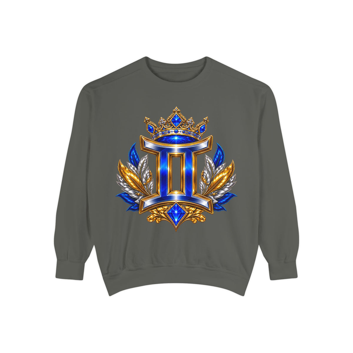 Gemini Zodiac Sweatshirt — Royal Blue & Gold Twin Symbol Crewneck