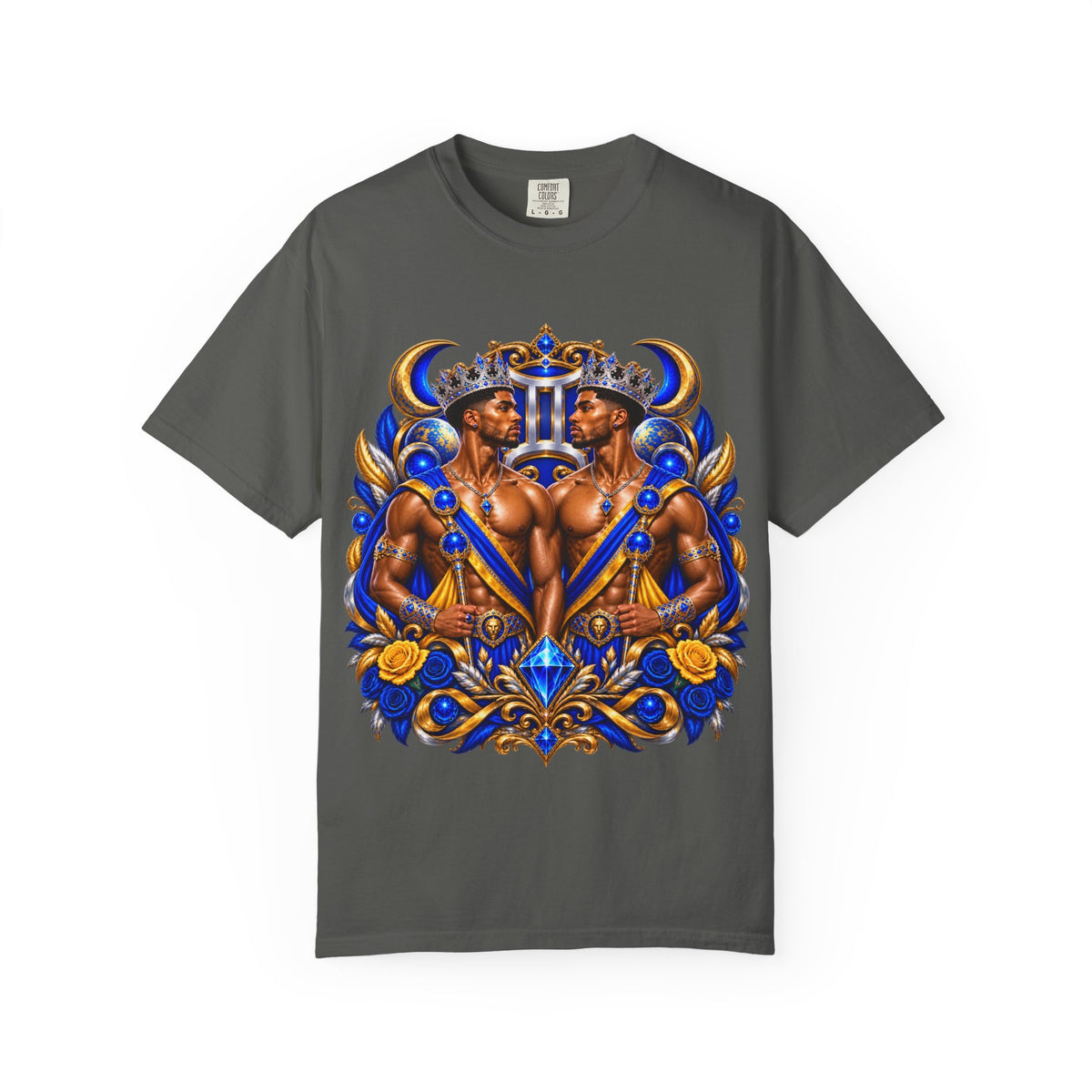 Gemini Zodiac T-Shirt — Bold Blue & Gold Twin Portrait Tee