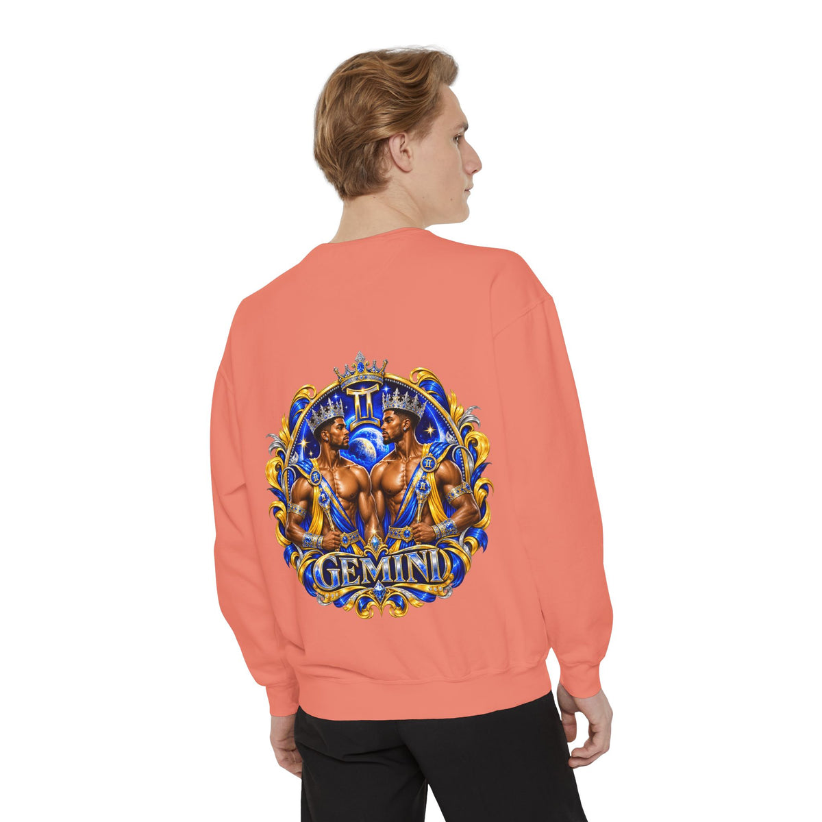 Gemini Zodiac Sweatshirt — Royal Blue & Gold Twin Symbol Crewneck