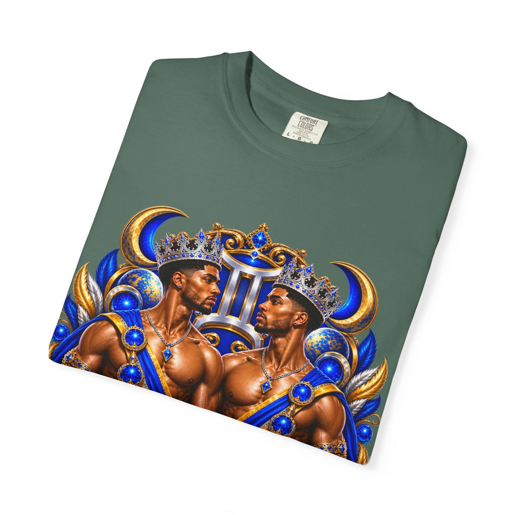 Gemini Zodiac T-Shirt — Bold Blue & Gold Twin Portrait Tee