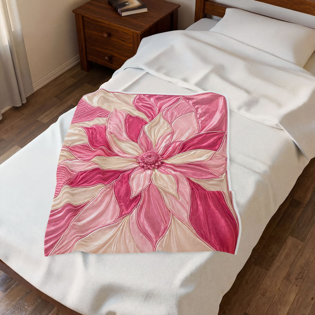 Plush Velveteen Blanket — Pink Floral Petal Design, Soft Cozy Throw
