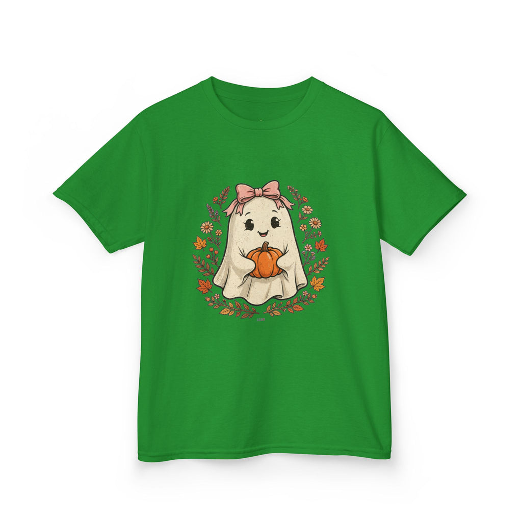 Kids Halloween Tee — Cute Ghost Holding Pumpkin "Spooky Season"