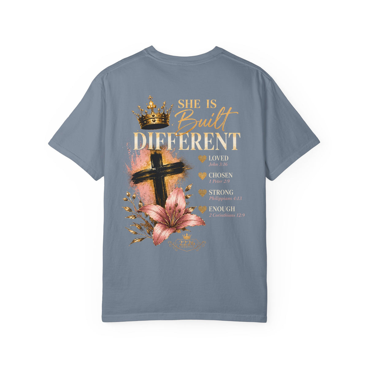 Built Right T-Shirt — Christian Faith Floral Cross Tee (She Is Built Different)