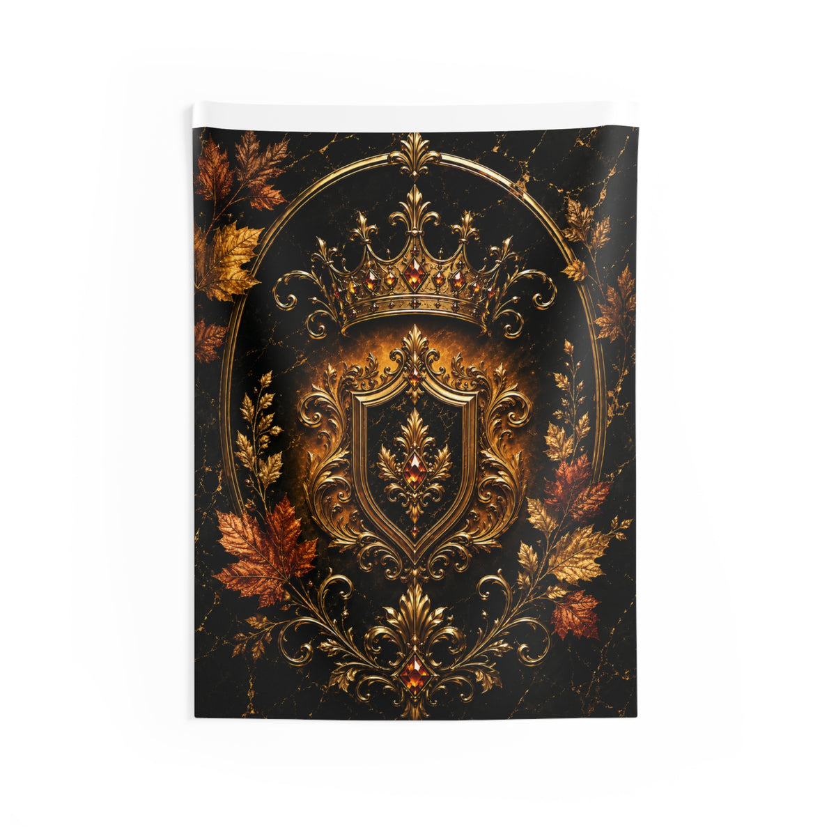 Regal Autumn Crest Wall Tapestry — Ornate Crown & Shield Home Decor