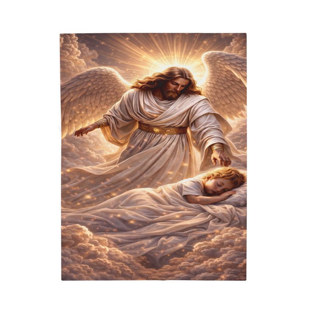 Angel Watching Over Sleeping Child Velveteen Plush Blanket — Religious Comfort Throw