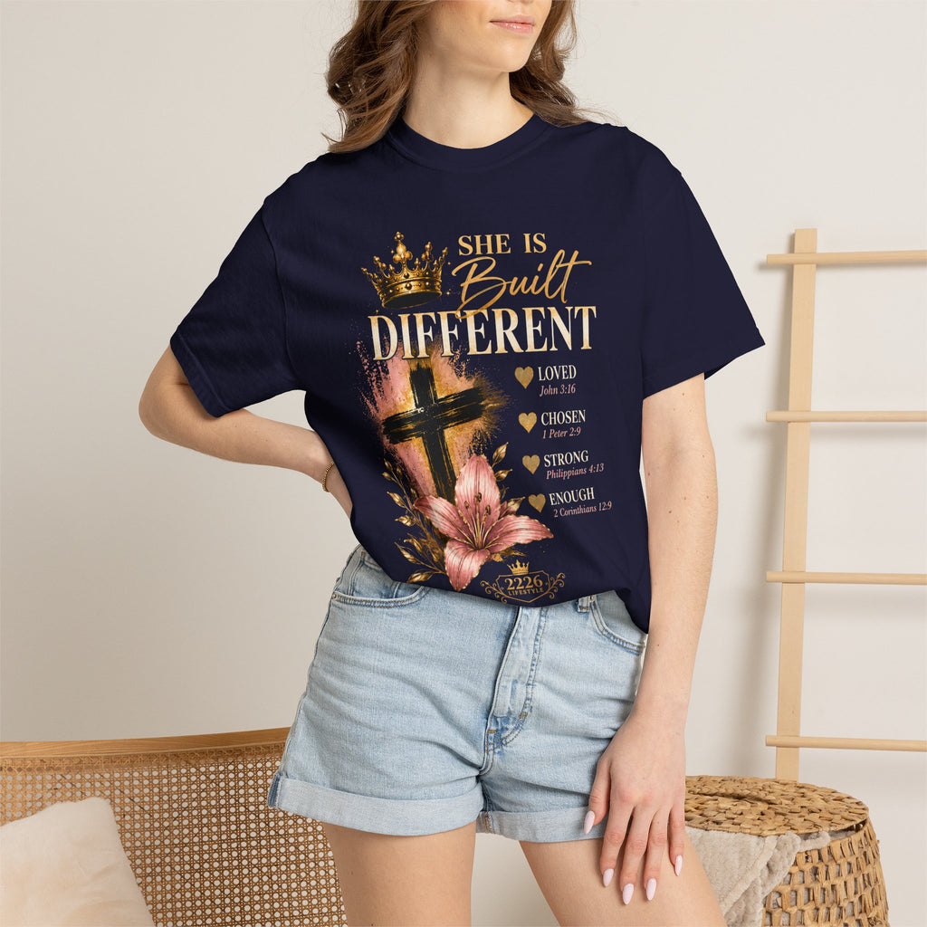 She Is Built Different Christian T-Shirt — Cross, Crown & Lily Faith Tee