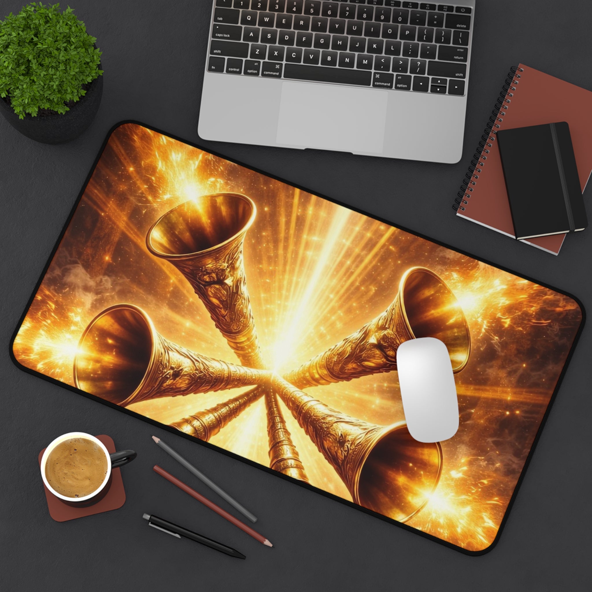 Golden Trumpets Desk Mat — Radiant Celestial Gaming & Work Mouse Pad