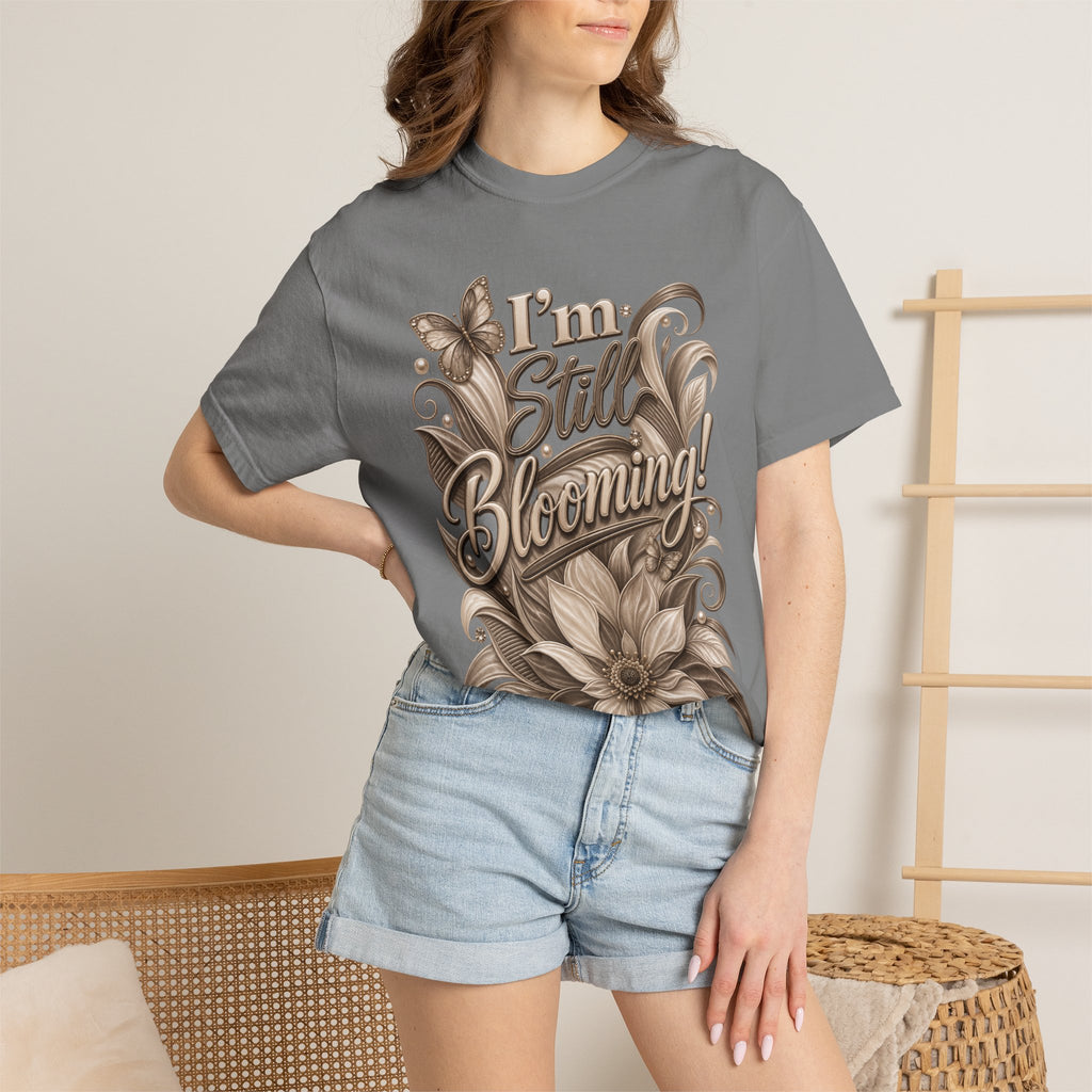 I’m Still Blooming / He’s Pruning Me Floral T‑Shirt — Inspirational Scripture Garden Tee