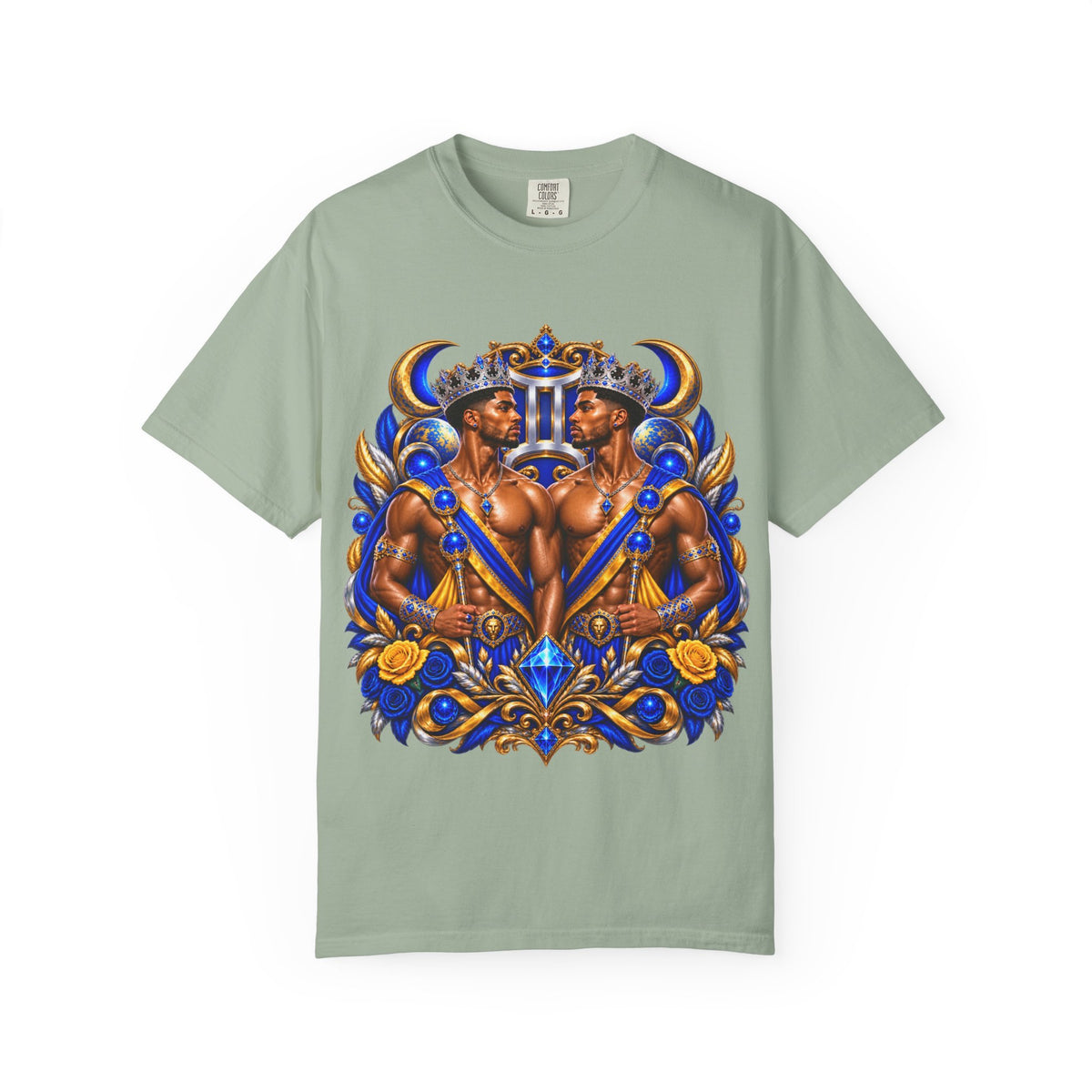 Gemini Zodiac T-Shirt — Bold Blue & Gold Twin Portrait Tee