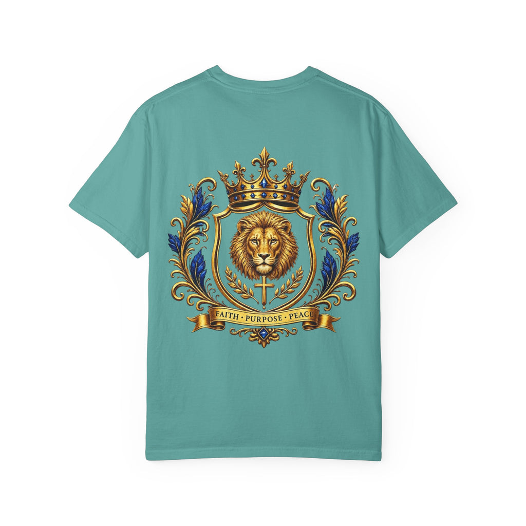 Lion Crest T-Shirt — Regal Crowned Lion with "Faith • Purpose • Peace" Back Graphic