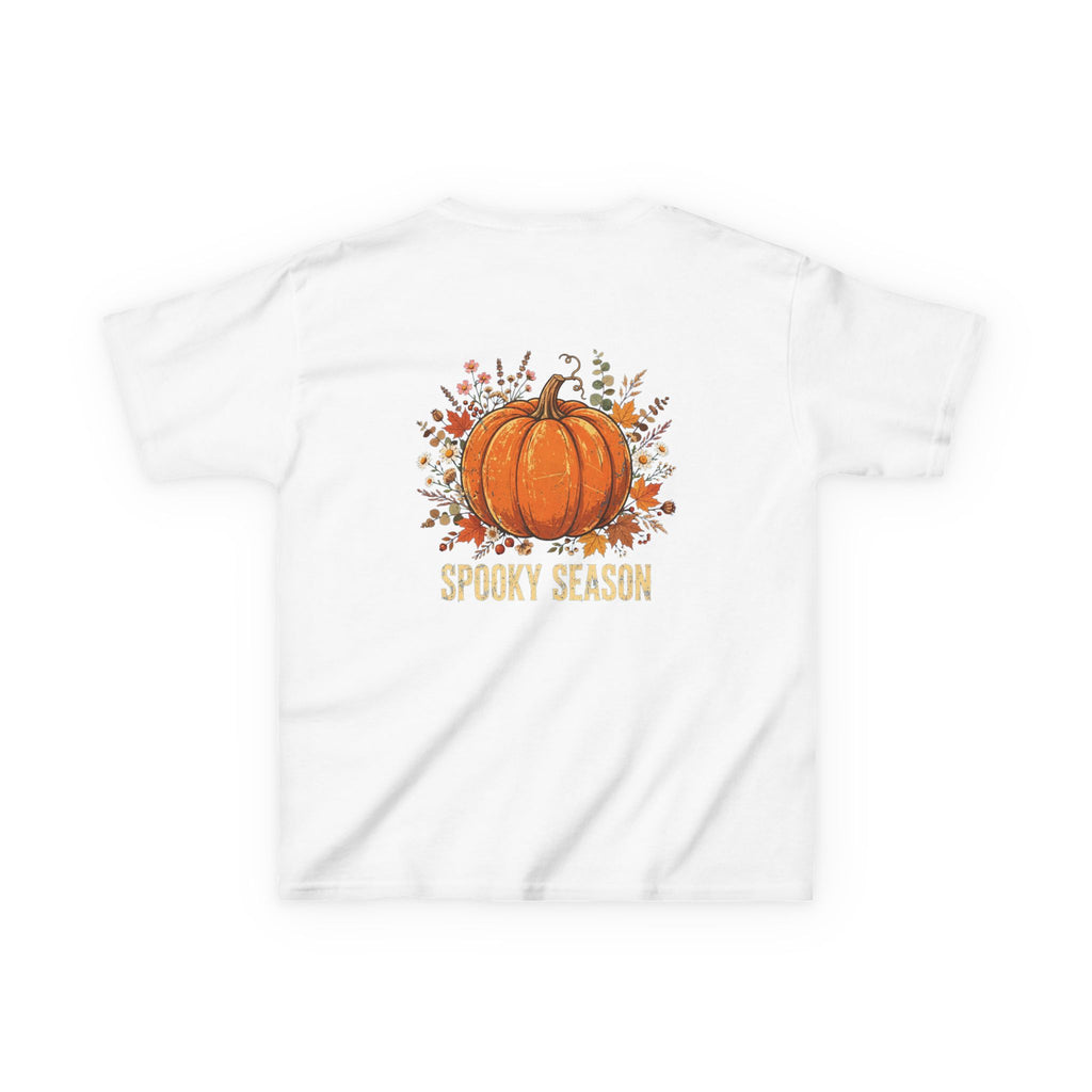 Kids Halloween Tee — Cute Ghost Holding Pumpkin "Spooky Season"