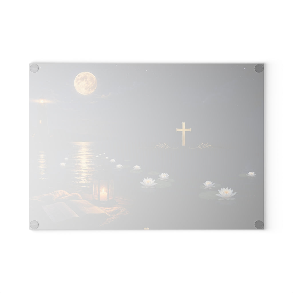 Glass Cutting Board — Serene Lighthouse Night with Cross & Water Lilies