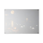Glass Cutting Board — Serene Lighthouse Night with Cross & Water Lilies