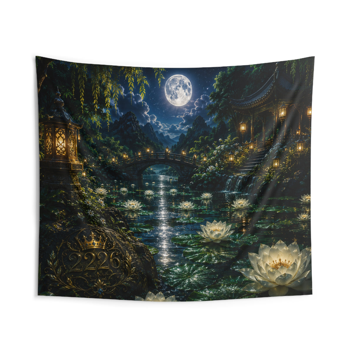 Moonlit Lotus Wall Tapestry — Tranquil Night Garden Decor