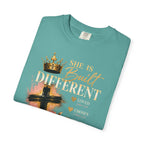 She Is Built Different Christian T-Shirt — Cross, Crown & Lily Faith Tee