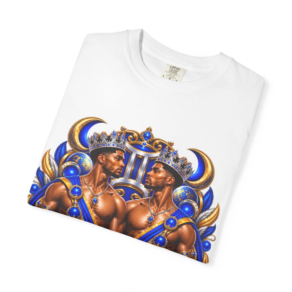 Gemini Zodiac T-Shirt — Bold Blue & Gold Twin Portrait Tee