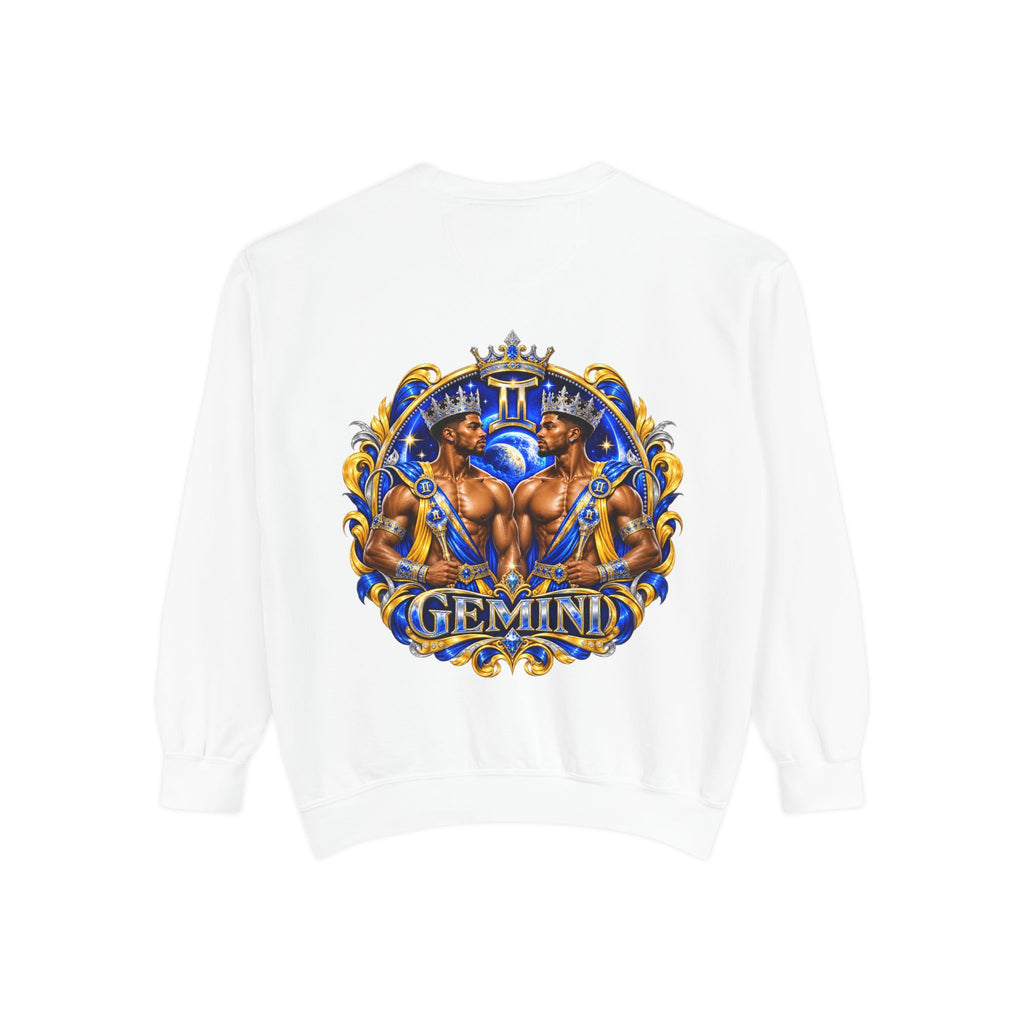 Gemini Zodiac Sweatshirt — Royal Blue & Gold Twin Symbol Crewneck