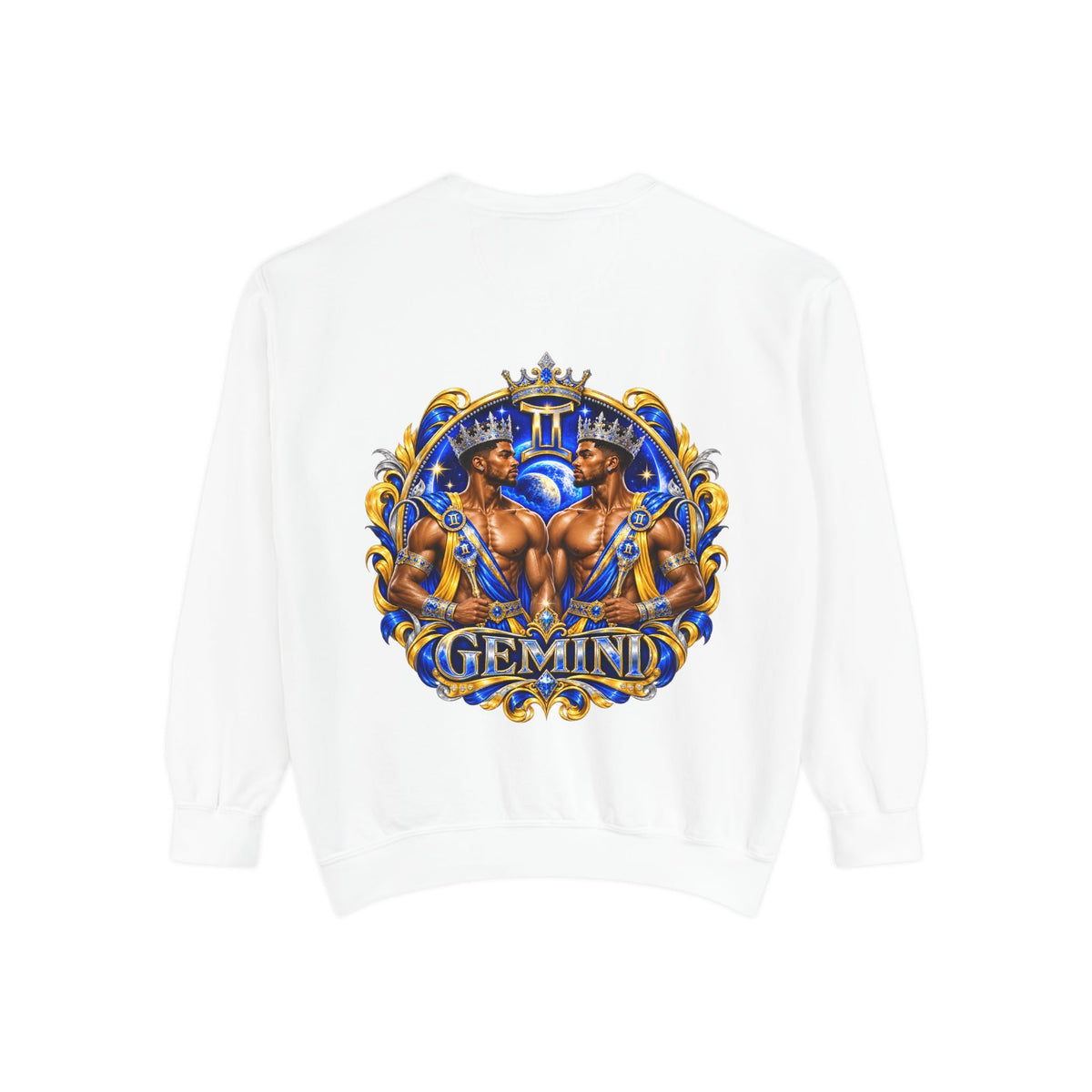 Gemini Zodiac Sweatshirt — Royal Blue & Gold Twin Symbol Crewneck