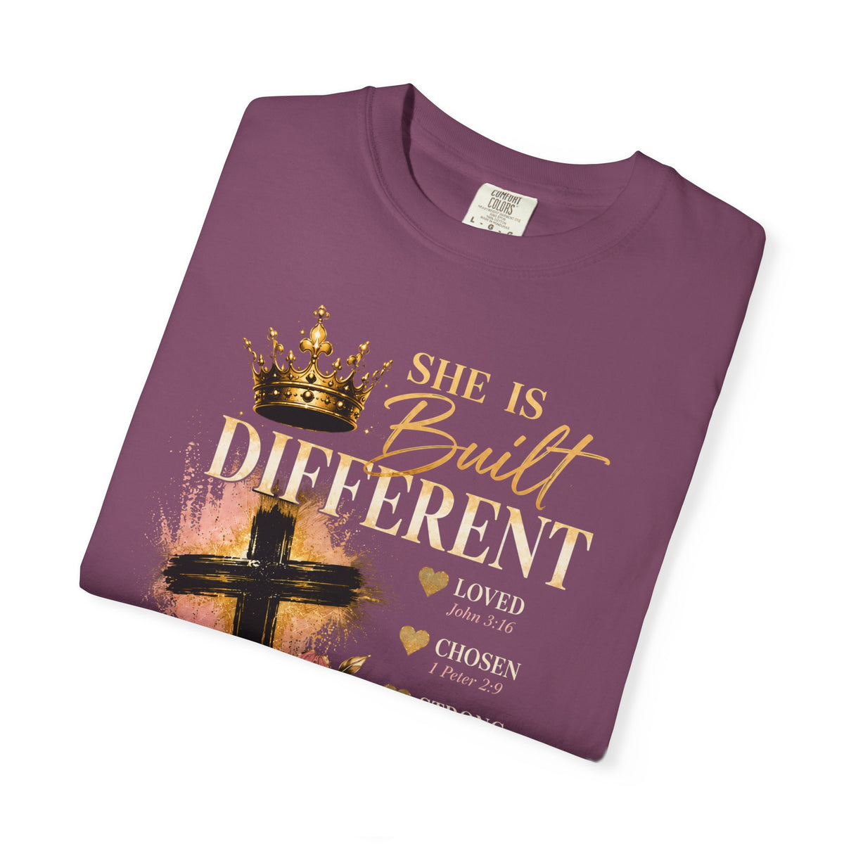 She Is Built Different Christian T-Shirt — Cross, Crown & Lily Faith Tee