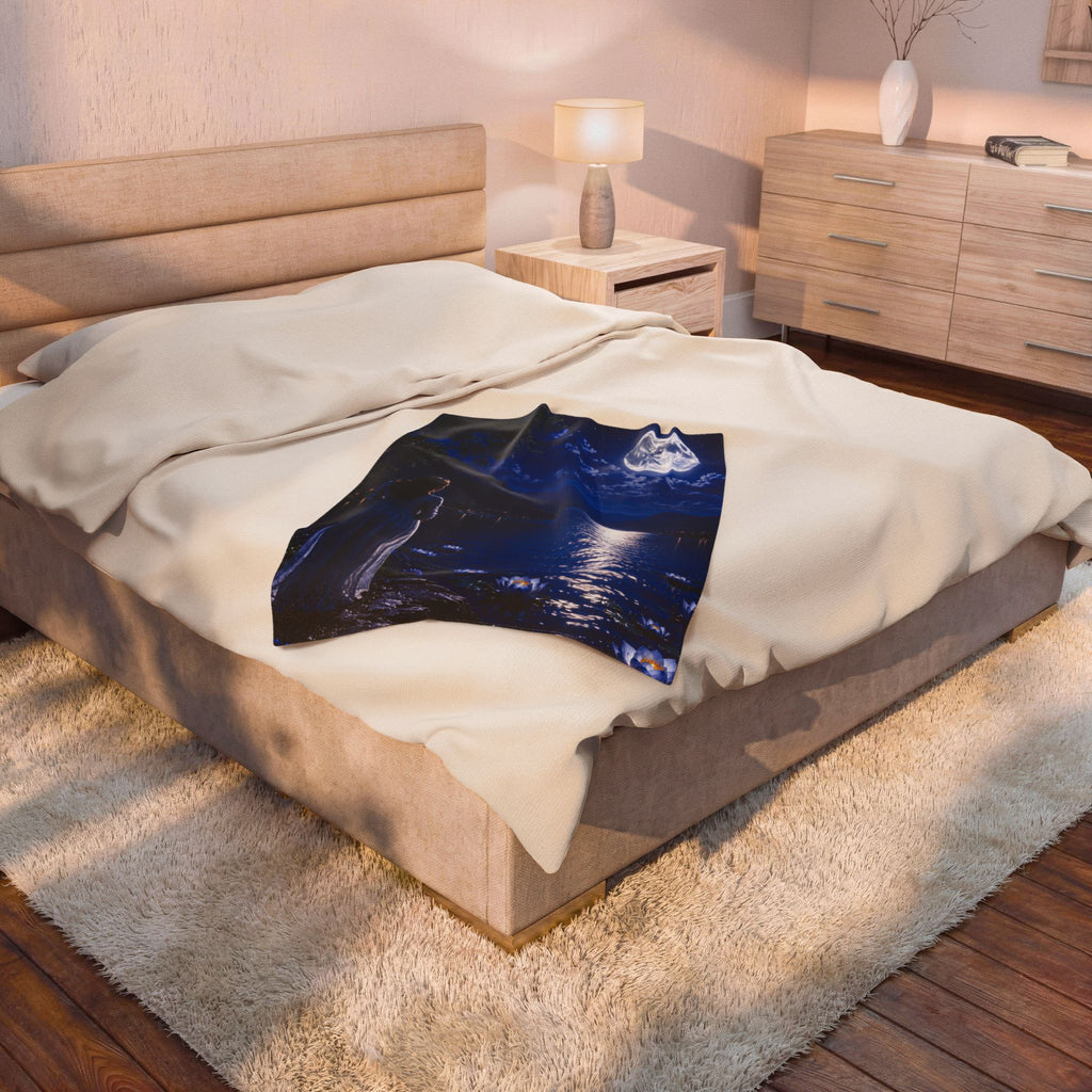 Moonlit Lake Velveteen Plush Blanket — Woman by Moonlight Scenic Throw