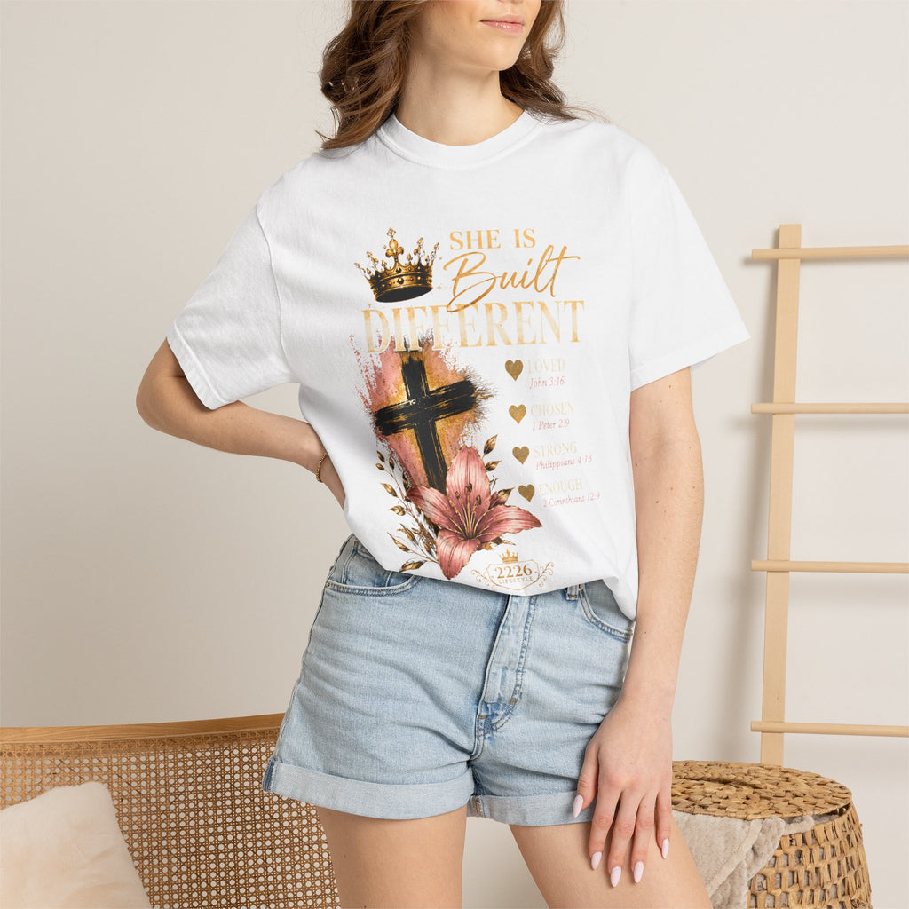 She Is Built Different Christian T-Shirt — Cross, Crown & Lily Faith Tee