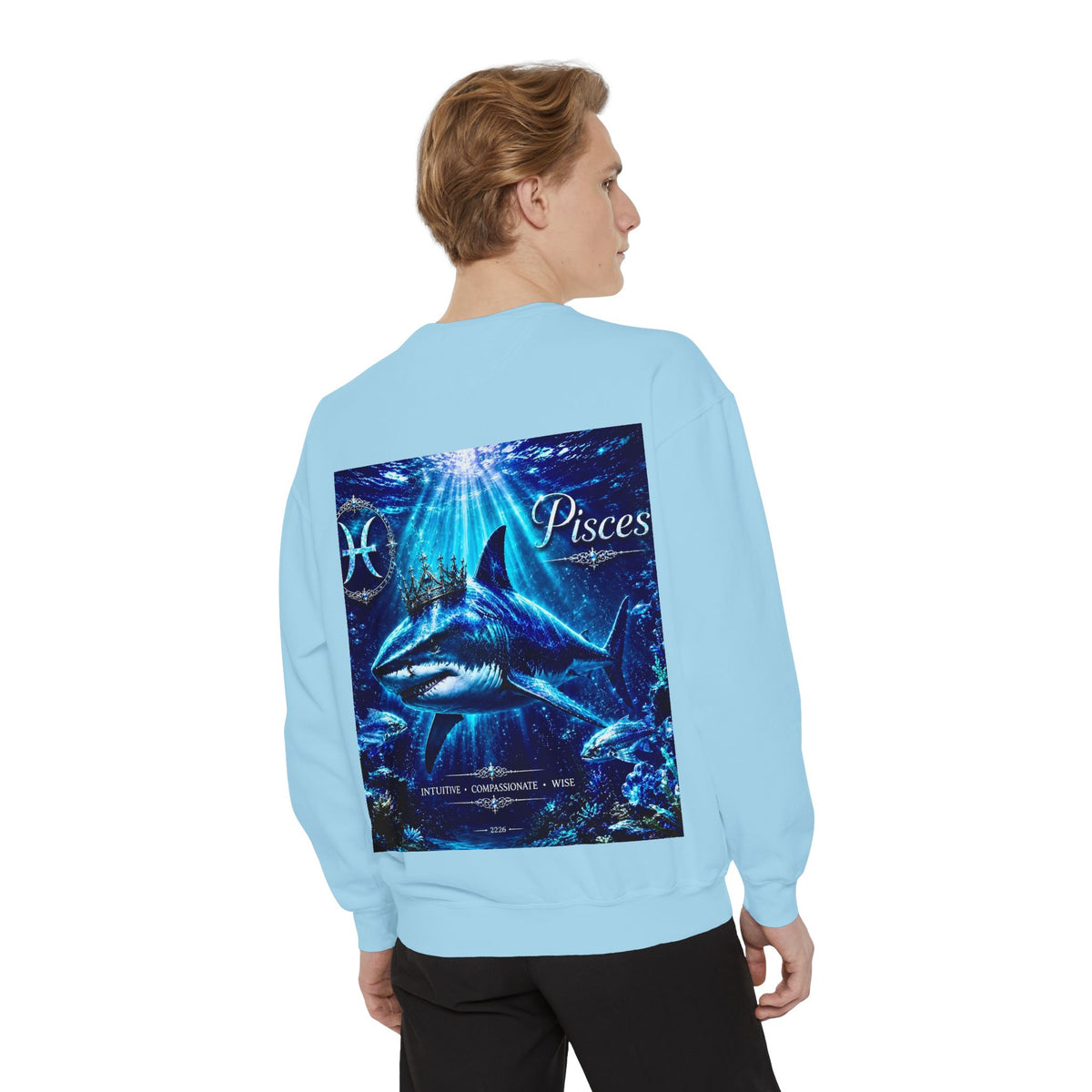Pisces Zodiac Sweatshirt — Cosmic Blue Pisces Shark Astrological Crewneck