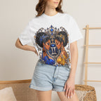 Gemini Zodiac Twin Queens T-Shirt — Elegant Blue & Gold Astrology Tee