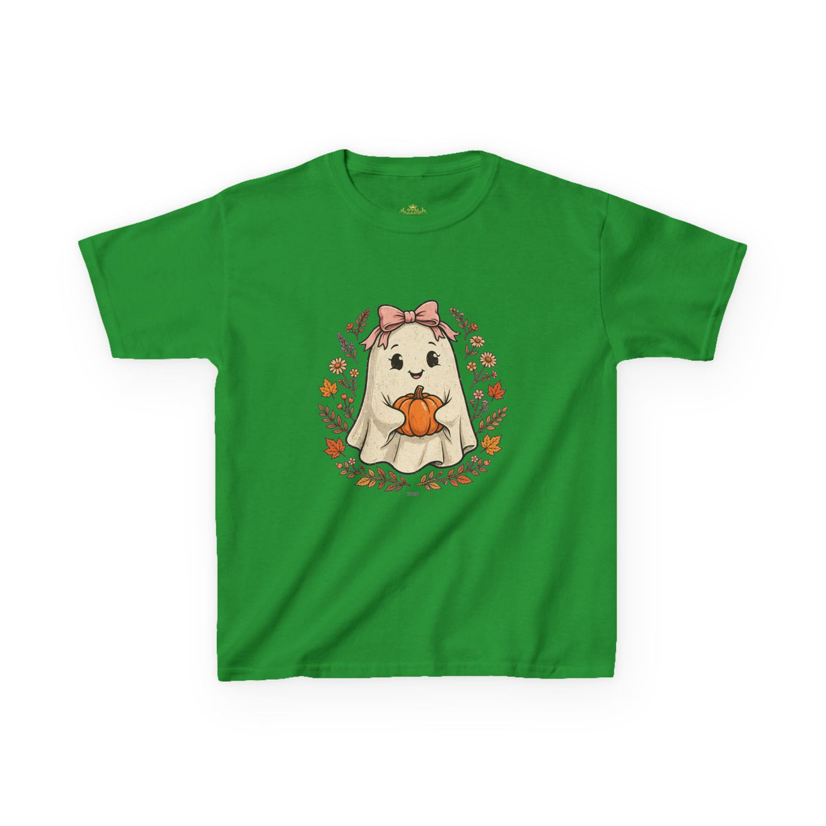 Kids Halloween Tee — Cute Ghost Holding Pumpkin "Spooky Season"