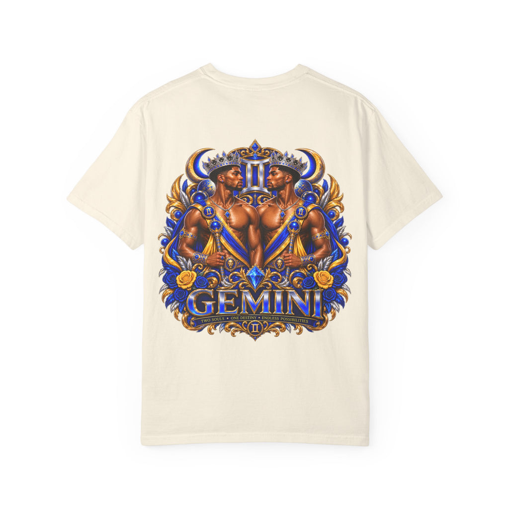Gemini Zodiac T-Shirt — Bold Blue & Gold Twin Portrait Tee
