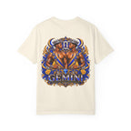 Gemini Zodiac T-Shirt — Bold Blue & Gold Twin Portrait Tee