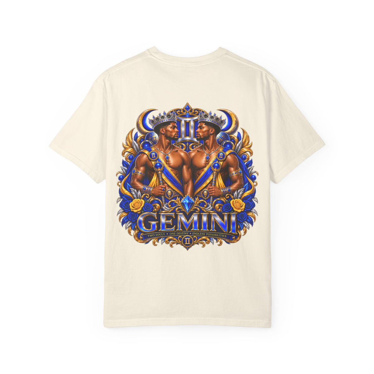Gemini Zodiac T-Shirt — Bold Blue & Gold Twin Portrait Tee