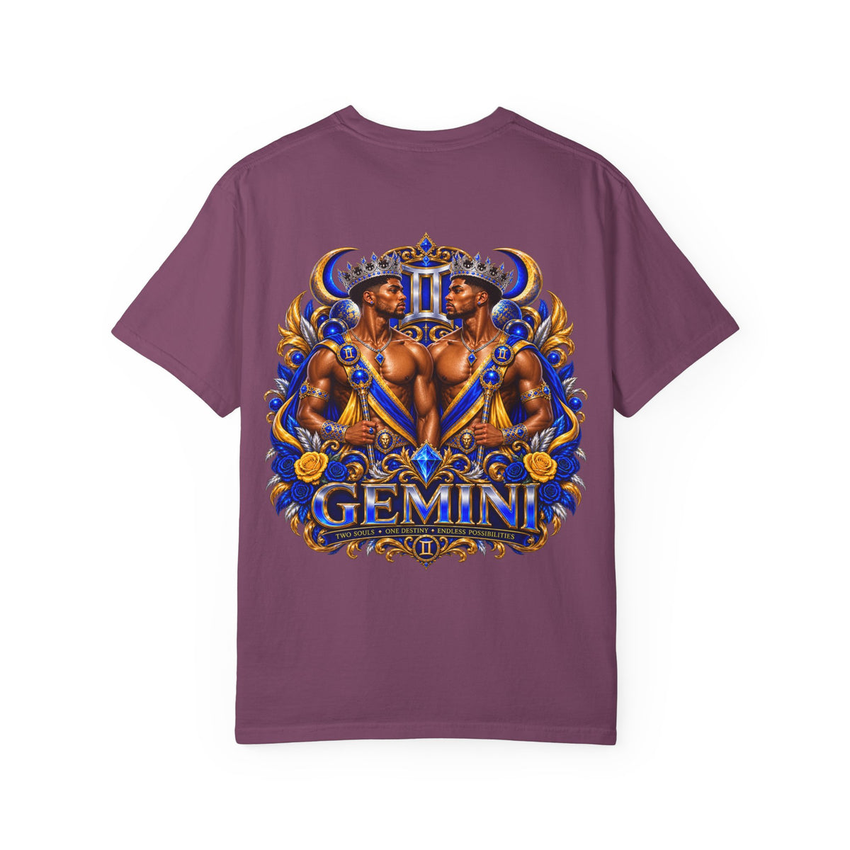 Gemini Zodiac T-Shirt — Bold Blue & Gold Twin Portrait Tee