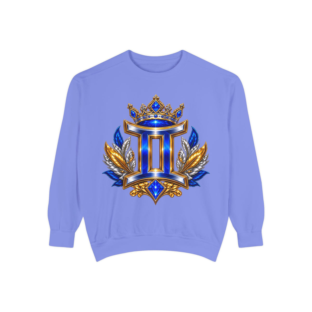 Gemini Zodiac Sweatshirt — Royal Blue & Gold Twin Symbol Crewneck