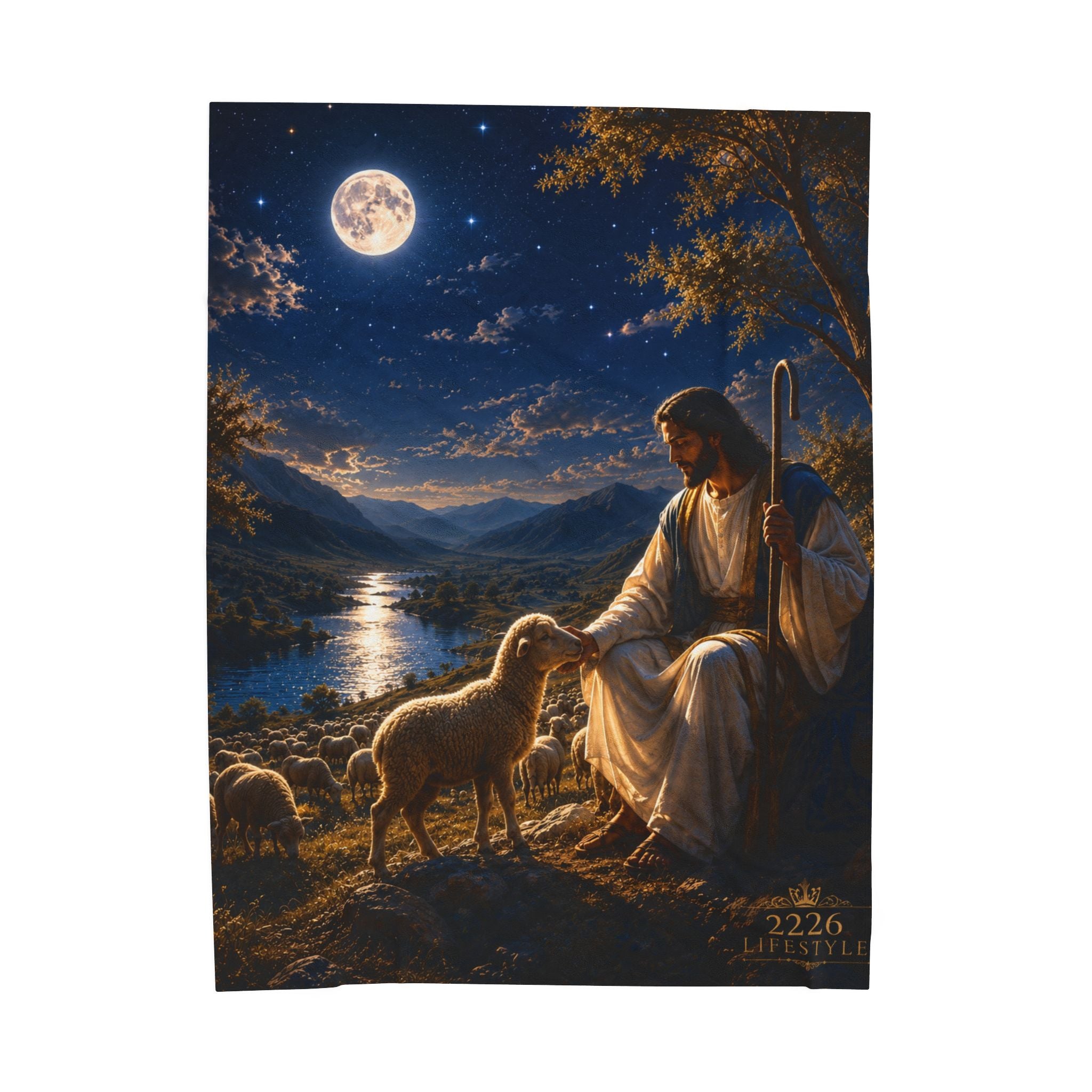 Velveteen Plush Blanket — "The Good Shepherd" Religious Throw (Jesus with Lambs, Moonlit Scene)