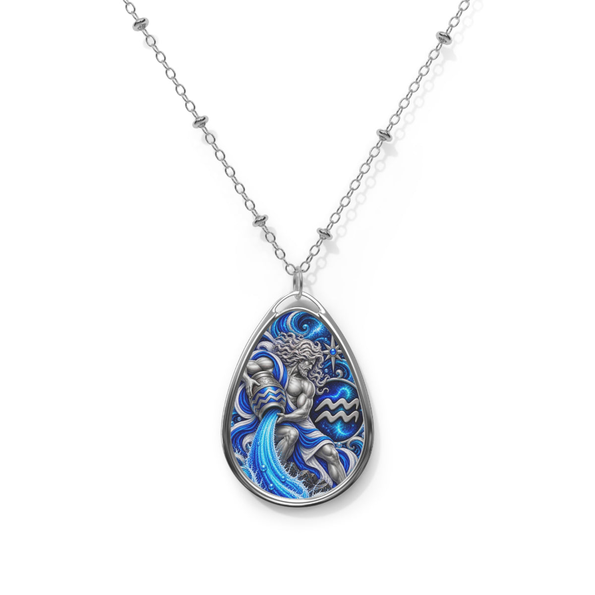 Aquarius Zodiac Oval Necklace — Silver Teardrop Pendant with Water-Bearer Design