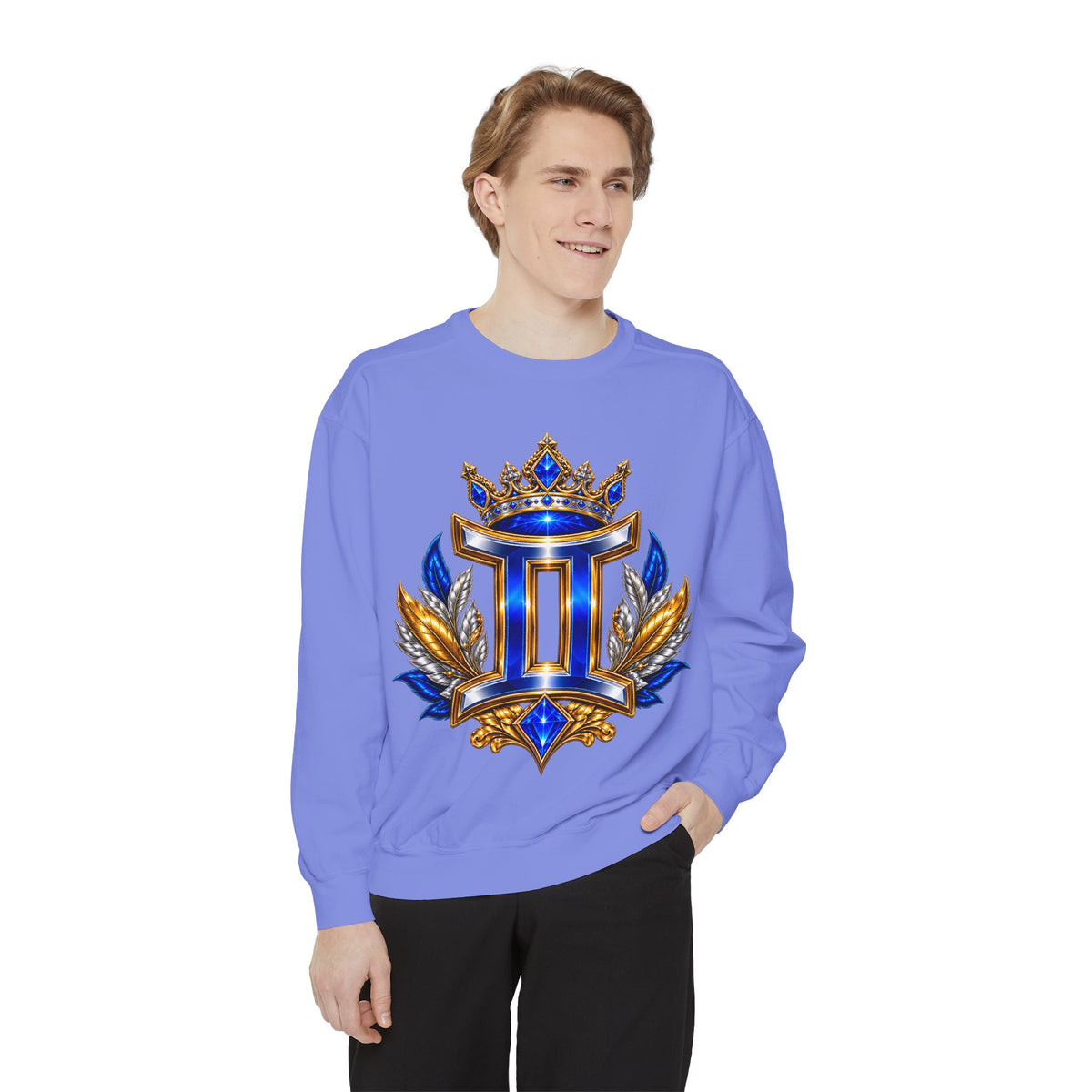 Gemini Zodiac Sweatshirt — Royal Blue & Gold Twin Symbol Crewneck