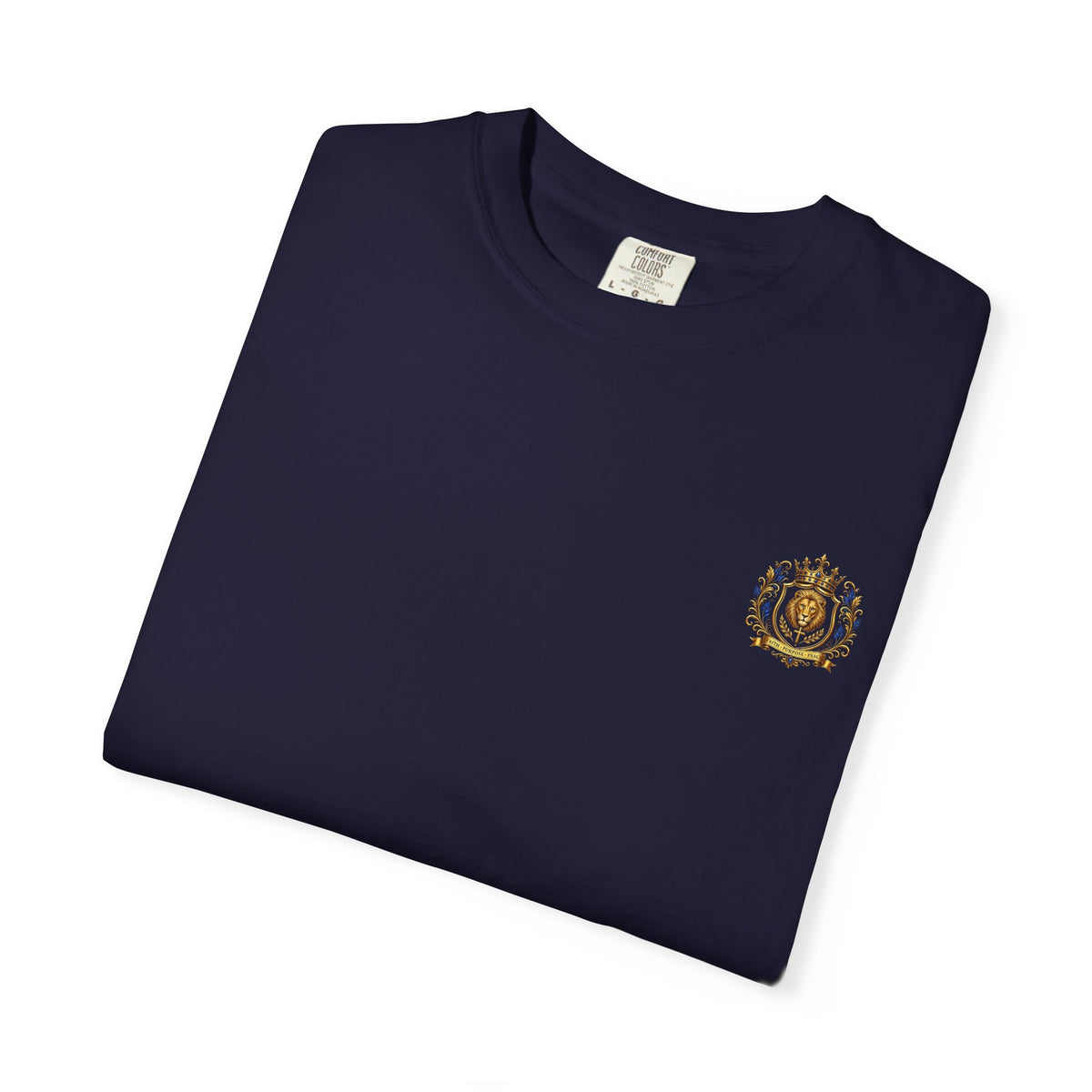 Lion Crest T-Shirt — Regal Crowned Lion with "Faith • Purpose • Peace" Back Graphic