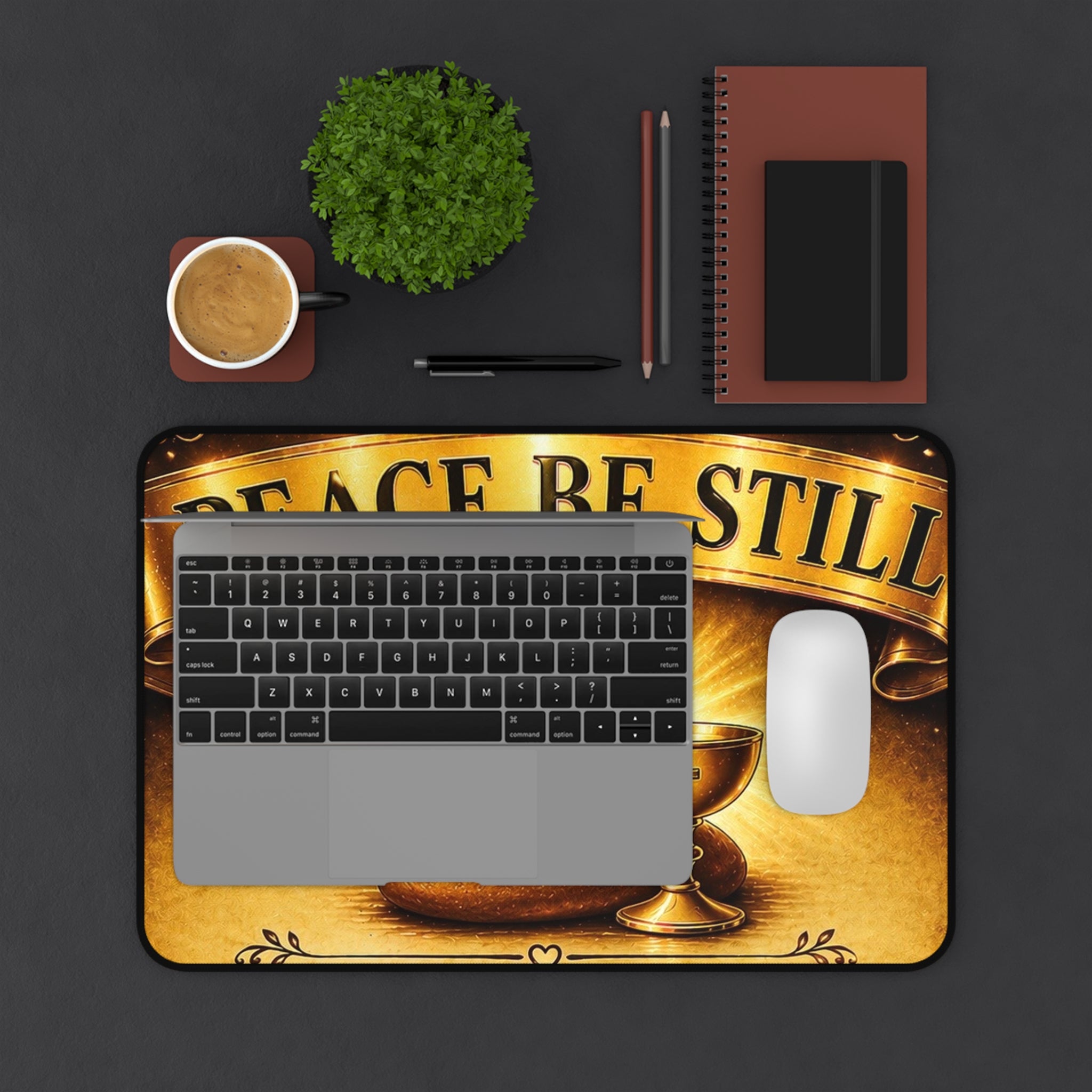 Peace Be Still Desk Mat — Christian Cross, Bread & Chalice Spiritual Mouse Pad