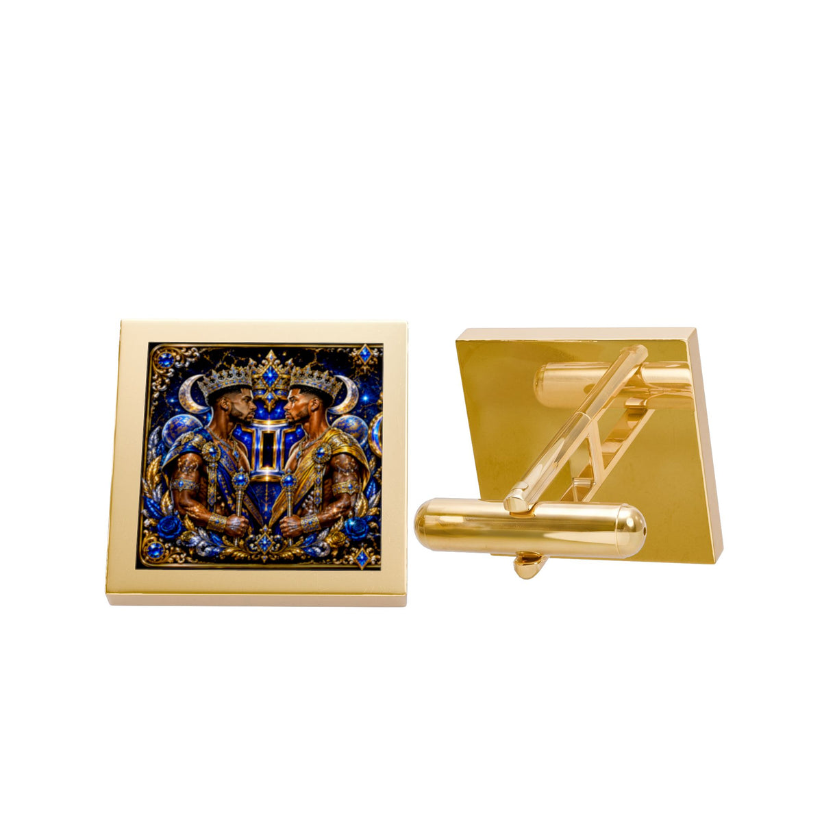 Gold Square Cufflinks with Royal Blue Heraldic Design — Men's Formal Accessory