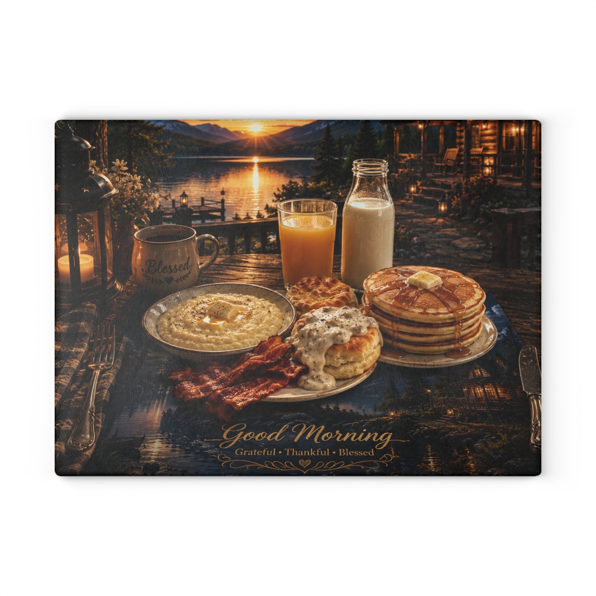 Glass Cutting Board — "Good Morning" Breakfast Scene Decorative Kitchen Board