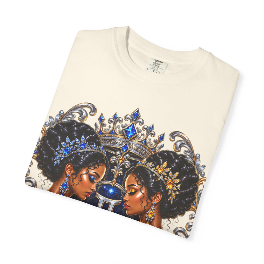 Gemini Zodiac Twin Queens T-Shirt — Elegant Blue & Gold Astrology Tee