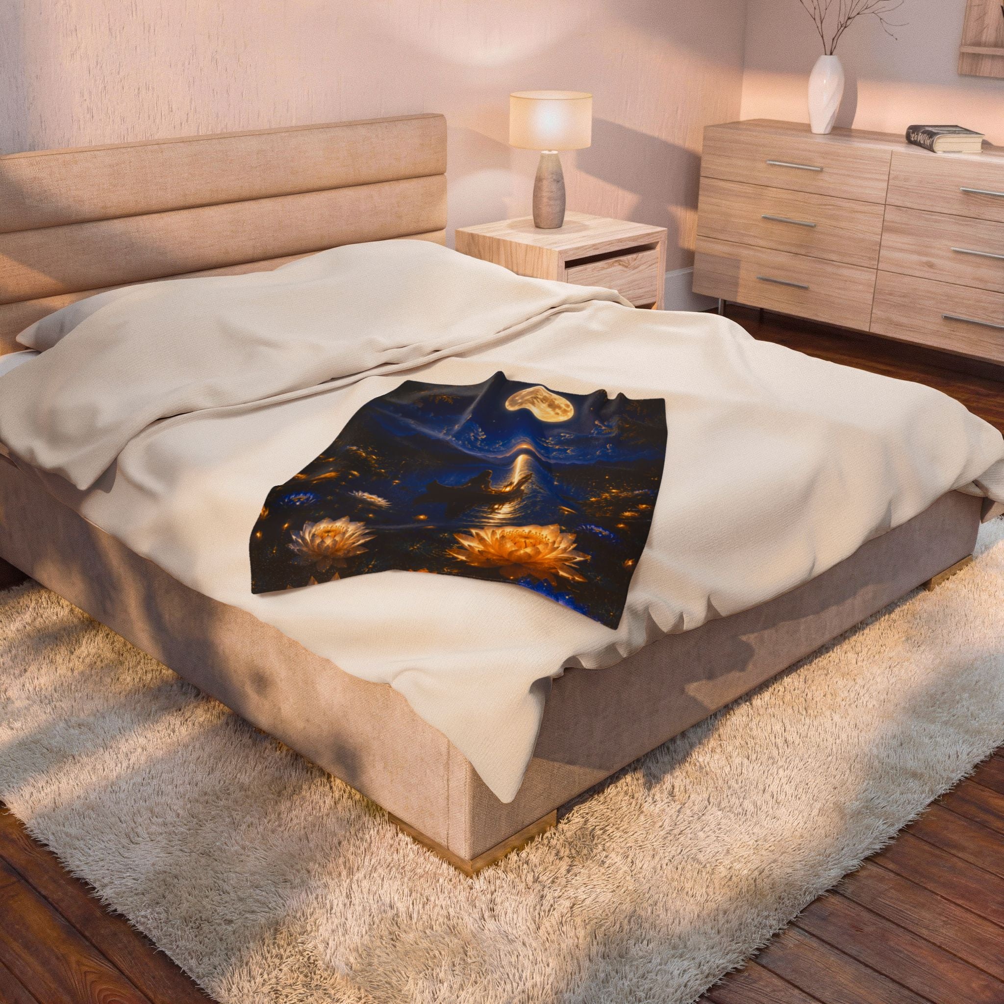 Moonlit Lake Velveteen Plush Blanket — Romantic Nightscape Cozy Throw