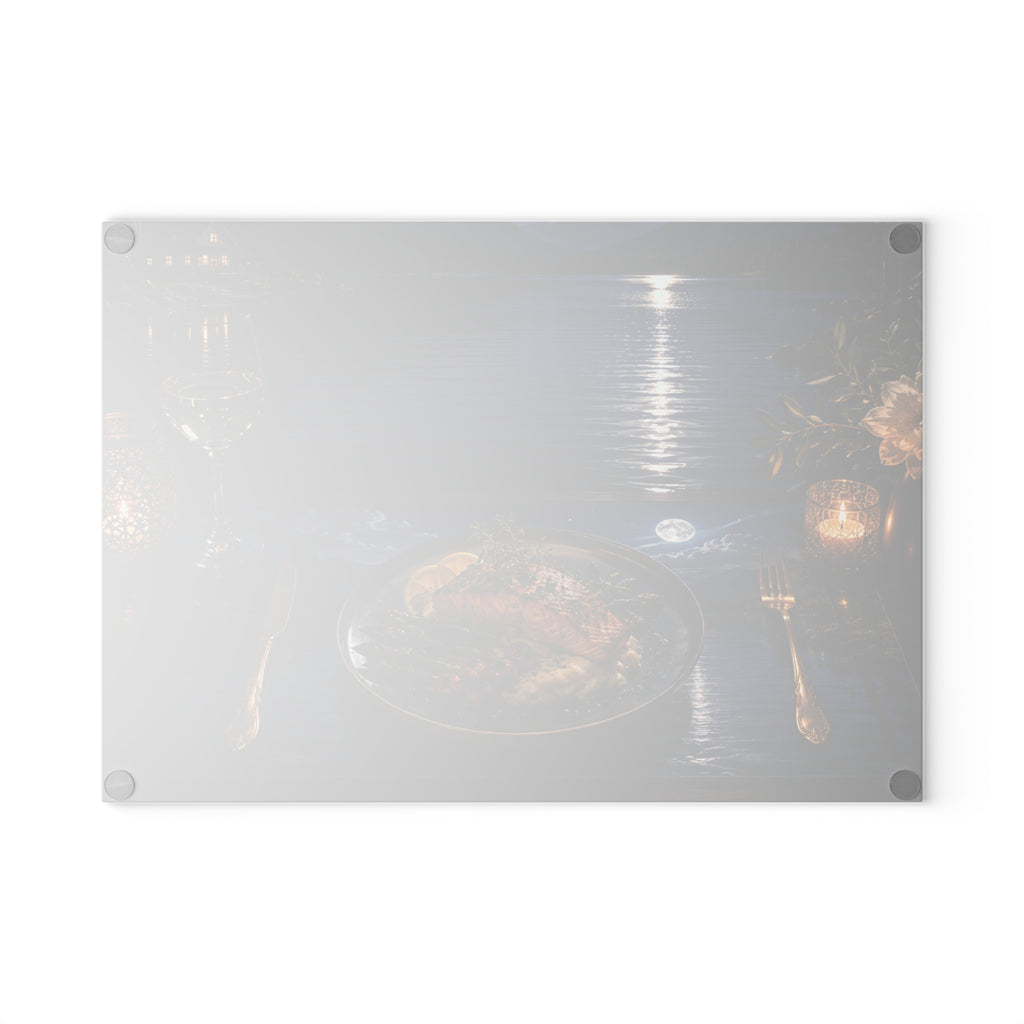 Moonlit Lakeside Dinner Scene Glass Cutting Board — Decorative Tempered Glass Prep & Serving Board