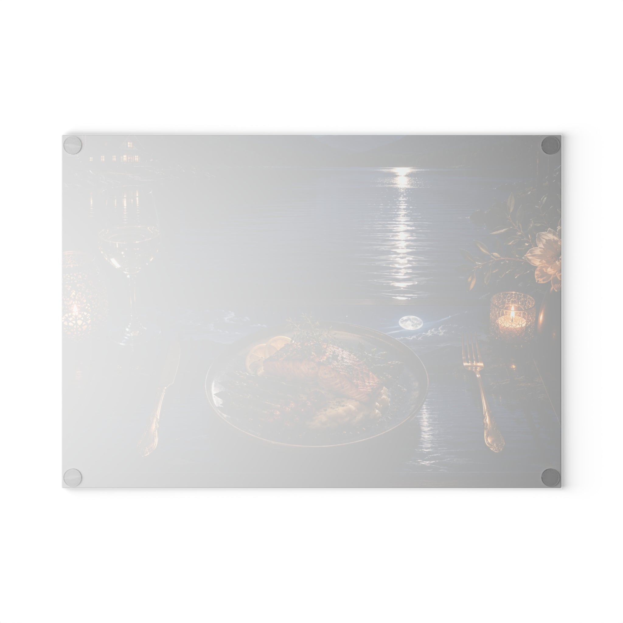 Moonlit Lakeside Dinner Scene Glass Cutting Board — Decorative Tempered Glass Prep & Serving Board