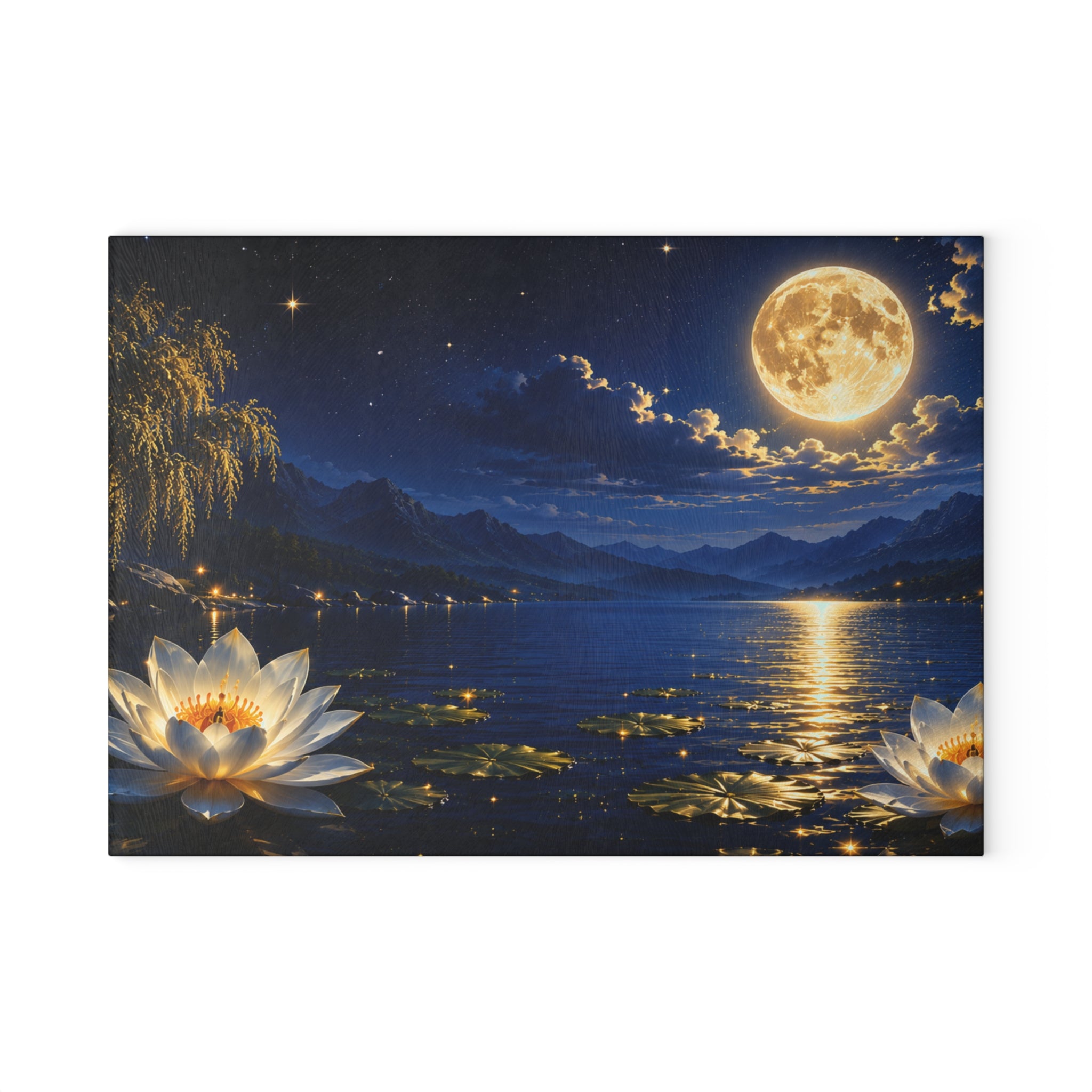Moonlit Lotus Glass Cutting Board — Celestial Lake Kitchen Art & Serving Platter