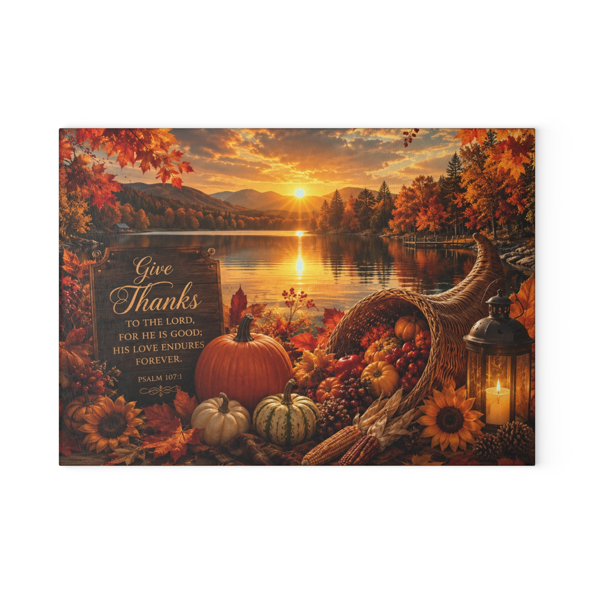 Thankful Harvest Glass Cutting Board — Autumn Cornucopia with "Give Thanks" Scripture