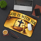 God Is With You Desk Mat — Inspirational Christian Desk Pad with Cross, Bread & Chalice